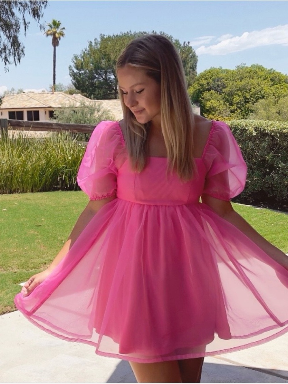 Women’s TCEC Bright Pink Puff-Sleeve Dress Party Formal Barbie Large